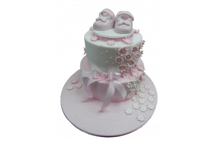 Tiered Christening Cake with Booties & Flowers
